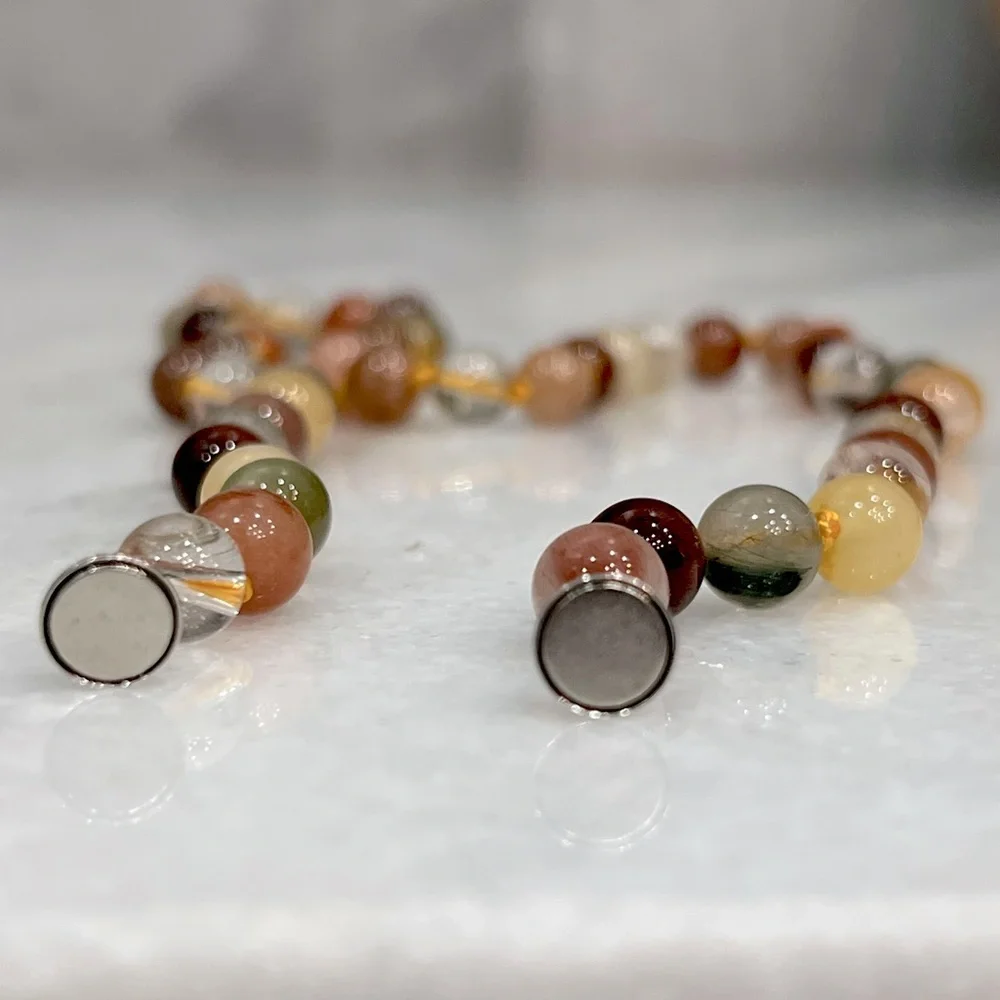 Multi Rutilated Quartz Bead Sterling Silver 18” Necklace with Magnetic Clasp